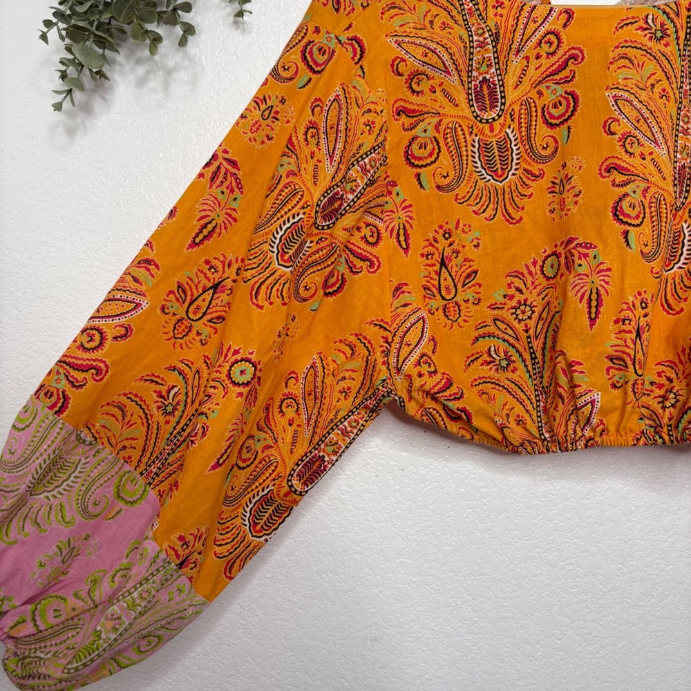 BOTEH Calla Crop Top Ochre Orange Paisley Linen Cotton Balloon Sleeve Size 1 - Picture 8 of 10